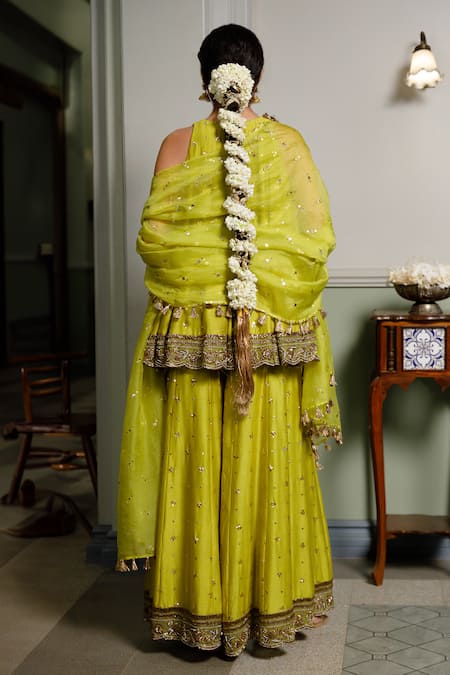 Shop Payal Singhal Green Muslin, Silk Embroidery, Zari Jahanana Short Anarkali Sharara Set at Aza Fashions Shop_Payal Singhal_Green Muslin, Silk Embroidery, Zari Jahanana Short Anarkali Sharara Set _at_Aza_Fashions