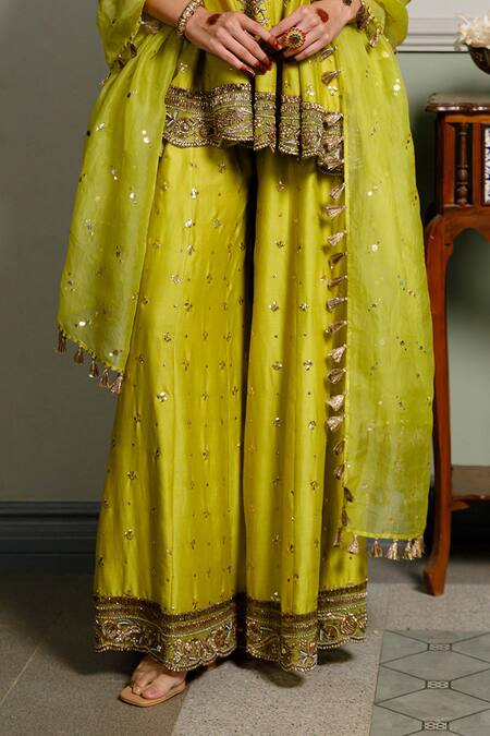 Payal Singhal Green Muslin, Silk Embroidery, Zari Jahanana Short Anarkali Sharara Set Online at Aza Fashions Payal Singhal_Green Muslin, Silk Embroidery, Zari Jahanana Short Anarkali Sharara Set _Online_at_Aza_Fashions