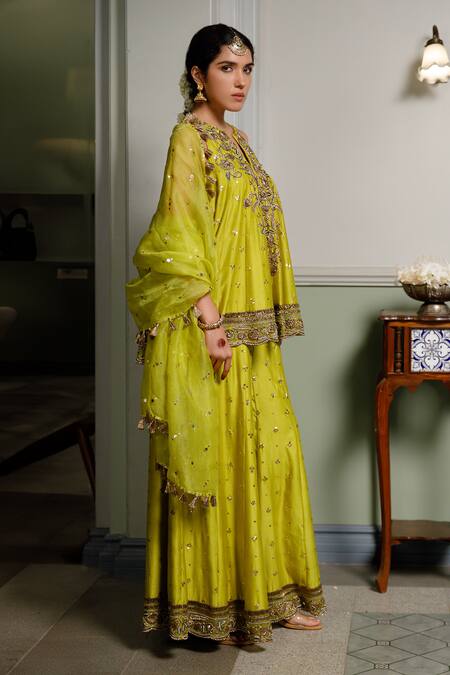 Buy Payal Singhal Green Muslin, Silk Embroidery, Zari Jahanana Short Anarkali Sharara Set Online at Aza Fashions Buy_Payal Singhal_Green Muslin, Silk Embroidery, Zari Jahanana Short Anarkali Sharara Set _Online_at_Aza_Fashions