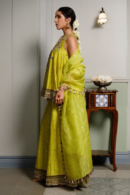 Shop Payal Singhal Green Muslin, Silk Embroidery, Zari Jahanana Short Anarkali Sharara Set Online at Aza Fashions Shop_Payal Singhal_Green Muslin, Silk Embroidery, Zari Jahanana Short Anarkali Sharara Set _Online_at_Aza_Fashions