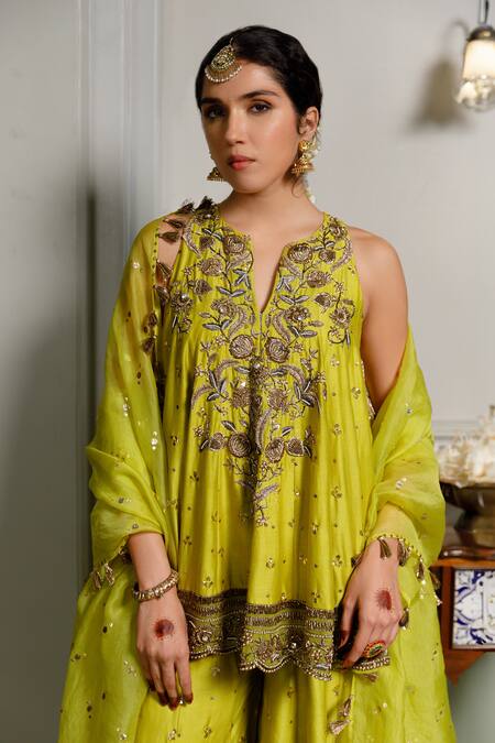 Payal Singhal Green Muslin, Silk Embroidery, Zari Jahanana Short Anarkali Sharara Set at Aza Fashions Payal Singhal_Green Muslin, Silk Embroidery, Zari Jahanana Short Anarkali Sharara Set _at_Aza_Fashions