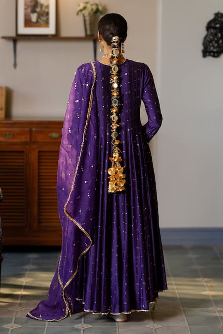 Shop_Payal Singhal_Purple Muslin, Silk, Organza, Net Zari, Zinat Embroidered Yoke Anarkali Set _at_Aza_Fashions