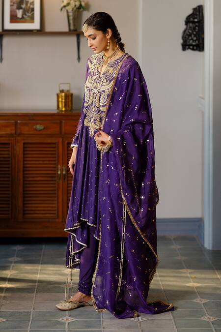 Payal Singhal_Purple Muslin, Silk, Organza, Net Zari, Zinat Embroidered Yoke Anarkali Set _Online_at_Aza_Fashions