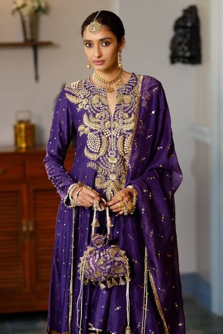 Buy_Payal Singhal_Purple Muslin, Silk, Organza, Net Zari, Zinat Embroidered Yoke Anarkali Set _Online_at_Aza_Fashions