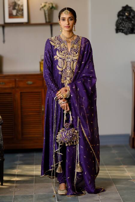 Shop_Payal Singhal_Purple Muslin, Silk, Organza, Net Zari, Zinat Embroidered Yoke Anarkali Set _Online_at_Aza_Fashions