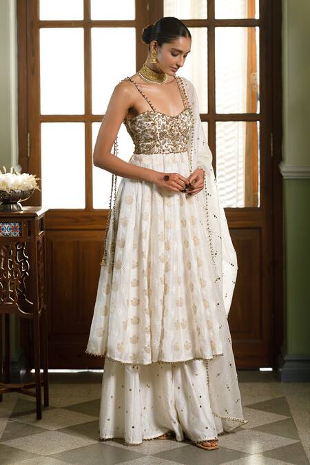 Payal Singhal Ivory Silk, Organza, Muslin Embroidery, Gota Patti, Chikankari Anarkali Set Online at Aza Fashions Payal Singhal_Ivory Silk, Organza, Muslin Embroidery, Gota Patti, Chikankari Anarkali Set _Online_at_Aza_Fashions