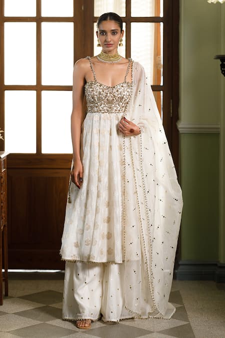 Payal Singhal Ivory Silk, Organza, Muslin Embroidery, Gota Patti, Chikankari Anarkali Set at Aza Fashions Payal Singhal_Ivory Silk, Organza, Muslin Embroidery, Gota Patti, Chikankari Anarkali Set _at_Aza_Fashions