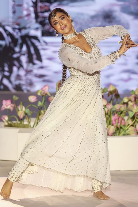 Shop_Payal Singhal_Off White Muslin, Net, Silk Embroidery, Beads, Mirrors Round Yoke Anarkali Set _at_Aza_Fashions