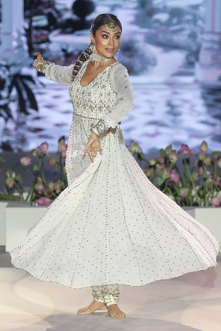 Payal Singhal_Off White Muslin, Net, Silk Embroidery, Beads, Mirrors Round Yoke Anarkali Set _Online_at_Aza_Fashions