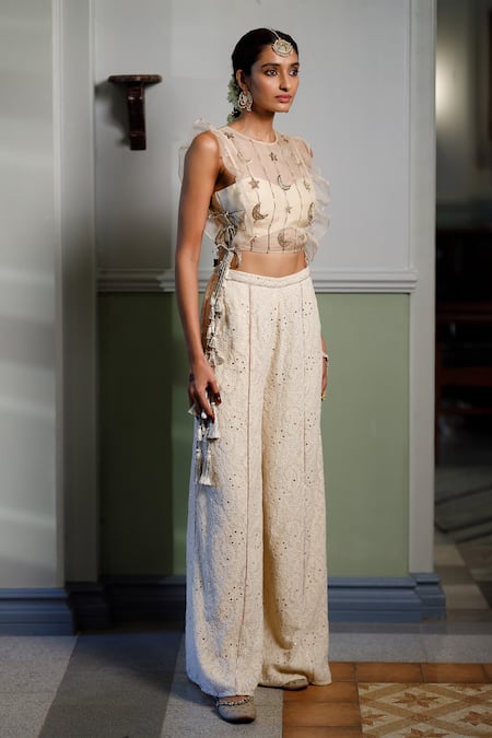 Payal Singhal_Grey Organza, Chiffon, Silk Beads, Sequins, Embroidery Frilled Bib Top Pant Set _Online_at_Aza_Fashions