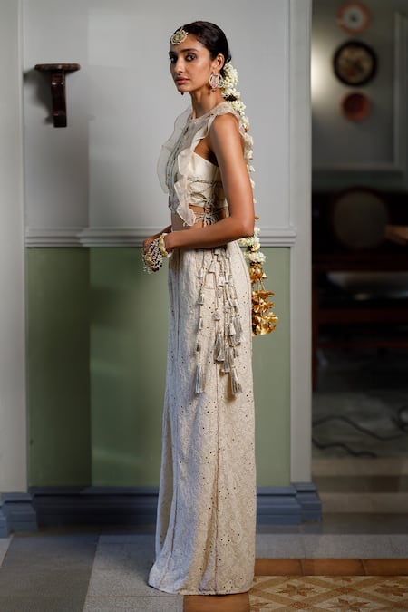 Buy_Payal Singhal_Grey Organza, Chiffon, Silk Beads, Sequins, Embroidery Frilled Bib Top Pant Set _Online_at_Aza_Fashions