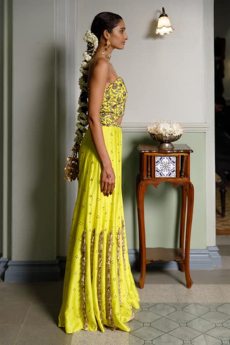 Payal Singhal_Yellow Georgette, Muslin Embroidery Nisa Floral Tube Blouse And Sharara Set _Online_at_Aza_Fashions