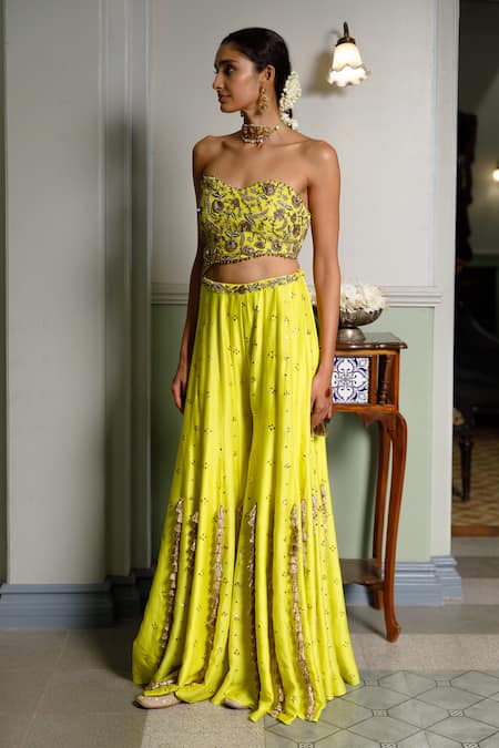 Buy_Payal Singhal_Yellow Georgette, Muslin Embroidery Nisa Floral Tube Blouse And Sharara Set _Online_at_Aza_Fashions