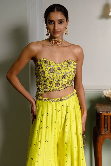 Shop_Payal Singhal_Yellow Georgette, Muslin Embroidery Nisa Floral Tube Blouse And Sharara Set _Online_at_Aza_Fashions
