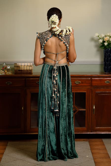 Shop_Payal Singhal_Green Velvet Tassels Round Neck Benazir Zardosi Embroidered Blouse And Sharara Set _at_Aza_Fashions