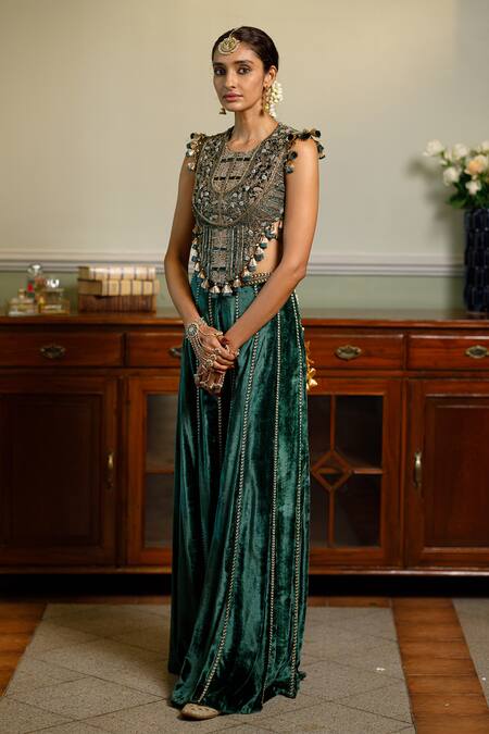 Buy_Payal Singhal_Green Velvet Tassels Round Neck Benazir Zardosi Embroidered Blouse And Sharara Set _Online_at_Aza_Fashions