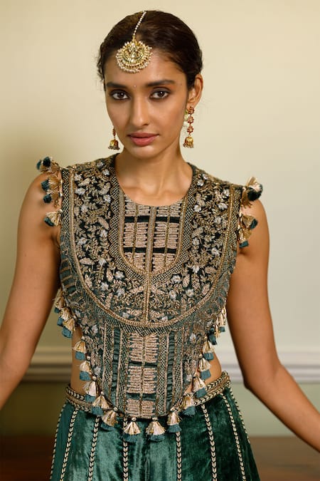 Shop_Payal Singhal_Green Velvet Tassels Round Neck Benazir Zardosi Embroidered Blouse And Sharara Set _Online_at_Aza_Fashions