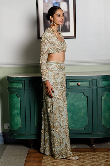 Payal Singhal Green Georgette Pearls, Gota Patti Square Soha Embroidered Blouse And Skirt Set Online at Aza Fashions Payal Singhal_Green Georgette Pearls, Gota Patti Square Soha Embroidered Blouse And Skirt Set _Online_at_Aza_Fashions
