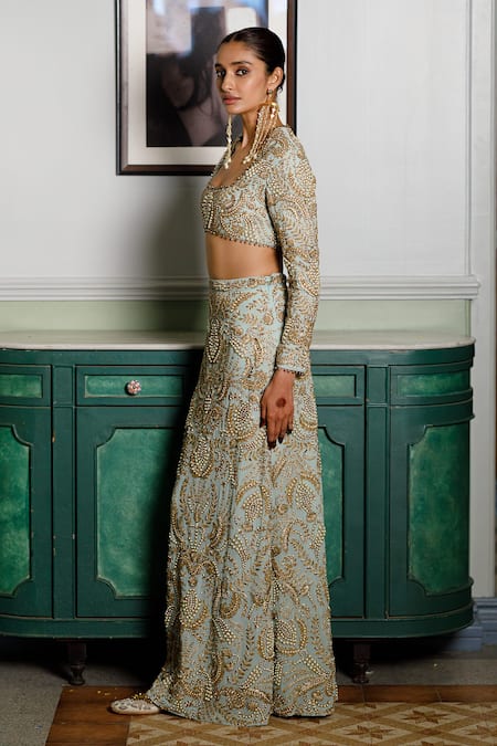 Buy Payal Singhal Green Georgette Pearls, Gota Patti Square Soha Embroidered Blouse And Skirt Set Online at Aza Fashions Buy_Payal Singhal_Green Georgette Pearls, Gota Patti Square Soha Embroidered Blouse And Skirt Set _Online_at_Aza_Fashions
