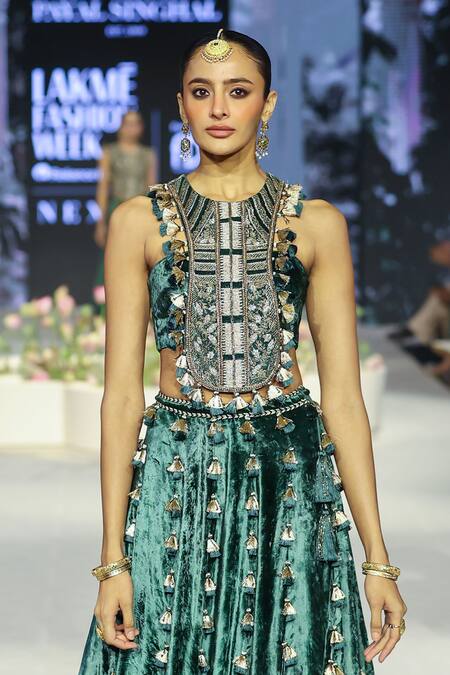 Payal Singhal_Emerald Green Velvet Tassels Round Neck Raina Embroidered Choli With Slit Skirt _Online_at_Aza_Fashions
