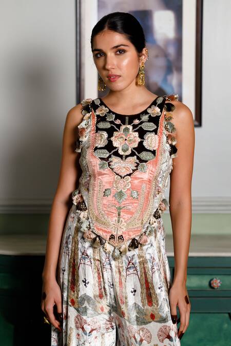 Shop_Payal Singhal_Off White Velvet Tassels Floral Embroidered Blouse And Sharara Set _Online_at_Aza_Fashions