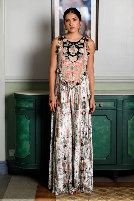 Payal Singhal_Off White Velvet Tassels Floral Embroidered Blouse And Sharara Set _at_Aza_Fashions