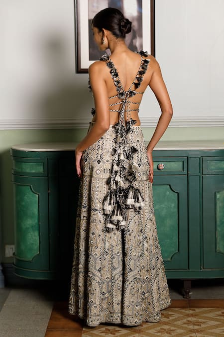 Shop Payal Singhal Off White Georgette Tassels Round Neck Embroidered Tie-up Blouse And Sharara Set at Aza Fashions Shop_Payal Singhal_Off White Georgette Tassels Round Neck Embroidered Tie-up Blouse And Sharara Set _at_Aza_Fashions