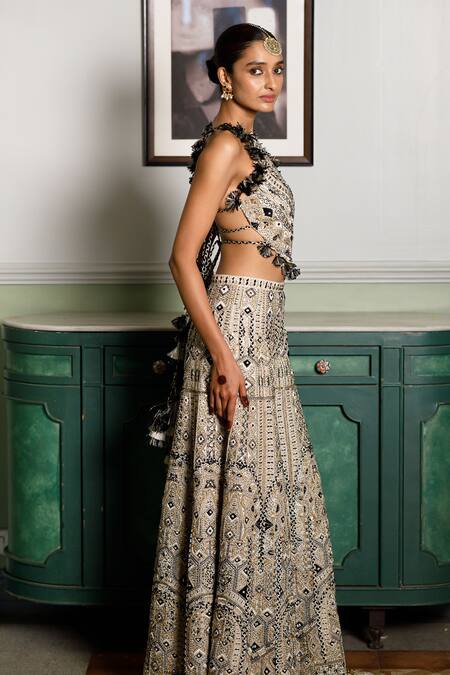 Payal Singhal Off White Georgette Tassels Round Neck Embroidered Tie-up Blouse And Sharara Set Online at Aza Fashions Payal Singhal_Off White Georgette Tassels Round Neck Embroidered Tie-up Blouse And Sharara Set _Online_at_Aza_Fashions