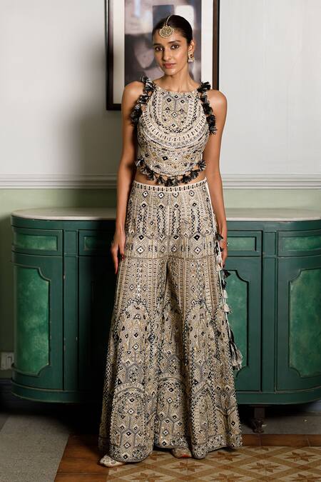 Payal Singhal Off White Georgette Tassels Round Neck Embroidered Tie-up Blouse And Sharara Set at Aza Fashions Payal Singhal_Off White Georgette Tassels Round Neck Embroidered Tie-up Blouse And Sharara Set _at_Aza_Fashions