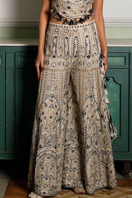 Buy Payal Singhal Off White Georgette Tassels Round Neck Embroidered Tie-up Blouse And Sharara Set Buy_Payal Singhal_Off White Georgette Tassels Round Neck Embroidered Tie-up Blouse And Sharara Set
