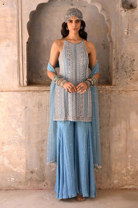 Chamee and Palak Blue Crepe Embroidered Zardosi Round Tamara Kurta Set 