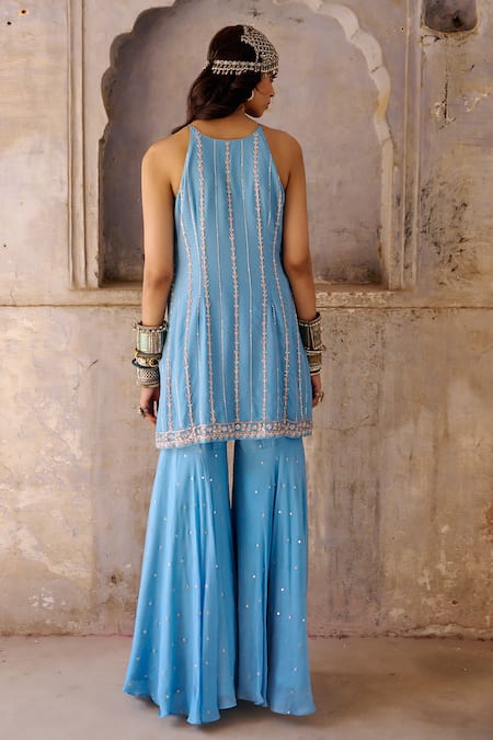 Shop_Chamee And Palak_Blue Net, Georgette, Crepe, Tulle Pearls, Beads, Tamara Embroidered Kurta Set _at_Aza_Fashions
