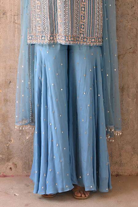 Chamee And Palak_Blue Net, Georgette, Crepe, Tulle Pearls, Beads, Tamara Embroidered Kurta Set _Online_at_Aza_Fashions