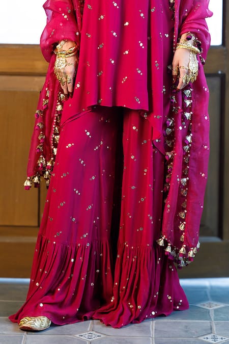 Payal Singhal Pink Georgette, Organza, Embroidered Mukaish Asymmetric Tunic Sharara Set Online at Aza Fashions Payal Singhal_Pink Georgette, Organza, Embroidered Mukaish Asymmetric Tunic Sharara Set _Online_at_Aza_Fashions