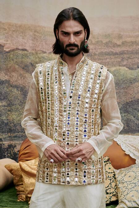 Itrh White Organza, Chanderi, Cotton Gota Patti, Mirrors Embroidered Bundi Kurta Set Online at Aza Fashions Itrh_White Organza, Chanderi, Cotton Gota Patti, Mirrors Embroidered Bundi Kurta Set _Online_at_Aza_Fashions