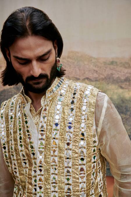 Buy Itrh White Organza, Chanderi, Cotton Gota Patti, Mirrors Embroidered Bundi Kurta Set Online at Aza Fashions Buy_Itrh_White Organza, Chanderi, Cotton Gota Patti, Mirrors Embroidered Bundi Kurta Set _Online_at_Aza_Fashions