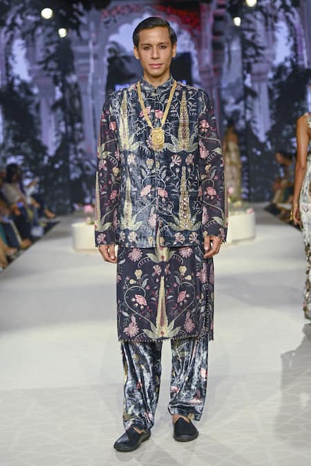 PS Men By Payal Singhal Black Velvet Bundi Kurta Set 