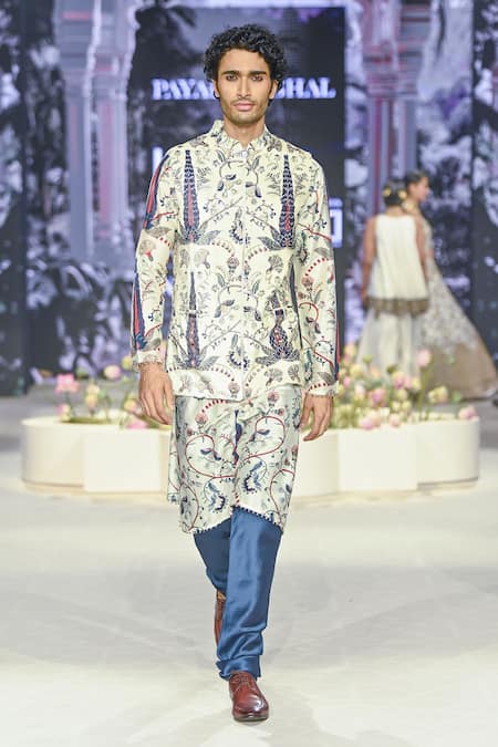 PS Men by Payal Singhal Ivory Velvet Printed Forest Whisper Pattern Bundi Kurta Set 