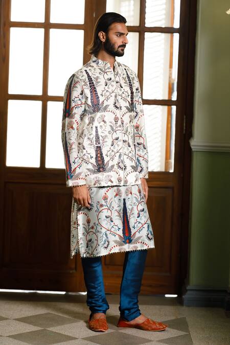 PS Men By Payal Singhal Ivory Velvet Printed Forest Whisper Embellished Bundi Kurta Set Online at Aza Fashions PS Men By Payal Singhal_Ivory Velvet Printed Forest Whisper Embellished Bundi Kurta Set _Online_at_Aza_Fashions