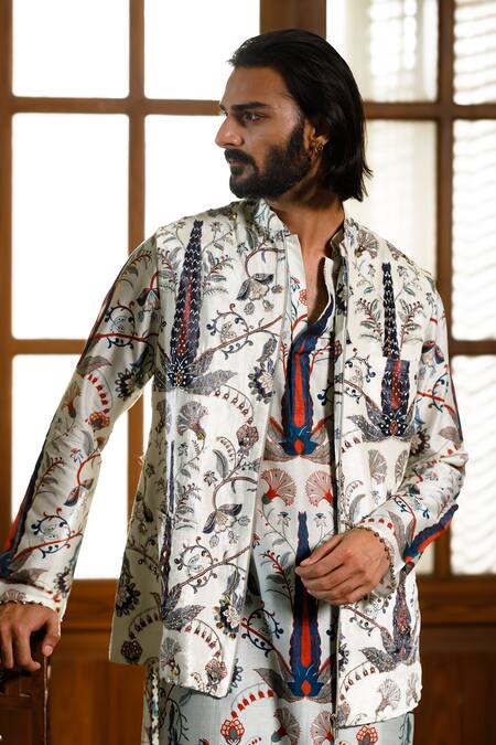 Shop PS Men By Payal Singhal Ivory Velvet Printed Forest Whisper Embellished Bundi Kurta Set Online at Aza Fashions Shop_PS Men By Payal Singhal_Ivory Velvet Printed Forest Whisper Embellished Bundi Kurta Set _Online_at_Aza_Fashions