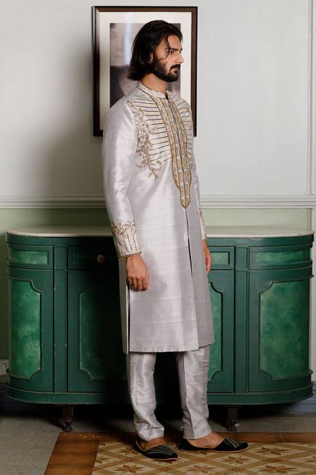 PS Men By Payal Singhal_Grey Dupion Silk Embroidered Lace Geometric Foliage Sherwani With Pant _Online_at_Aza_Fashions