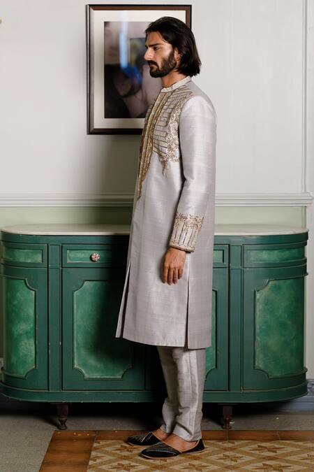 Buy_PS Men By Payal Singhal_Grey Dupion Silk Embroidered Lace Geometric Foliage Sherwani With Pant _Online_at_Aza_Fashions