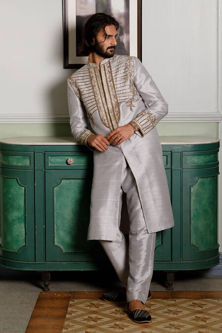 Shop_PS Men By Payal Singhal_Grey Dupion Silk Embroidered Lace Geometric Foliage Sherwani With Pant _Online_at_Aza_Fashions