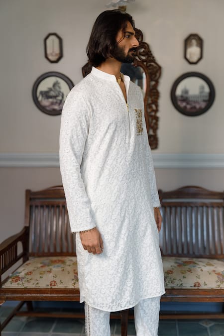 PS Men By Payal Singhal_Ivory Kota Doria Zari Floral Woven Embellished Kurta With Pant _Online_at_Aza_Fashions