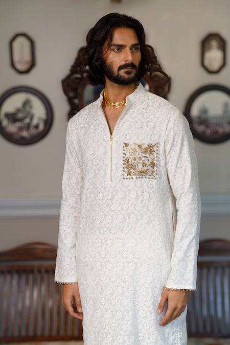 Shop_PS Men By Payal Singhal_Ivory Kota Doria Zari Floral Woven Embellished Kurta With Pant _Online_at_Aza_Fashions