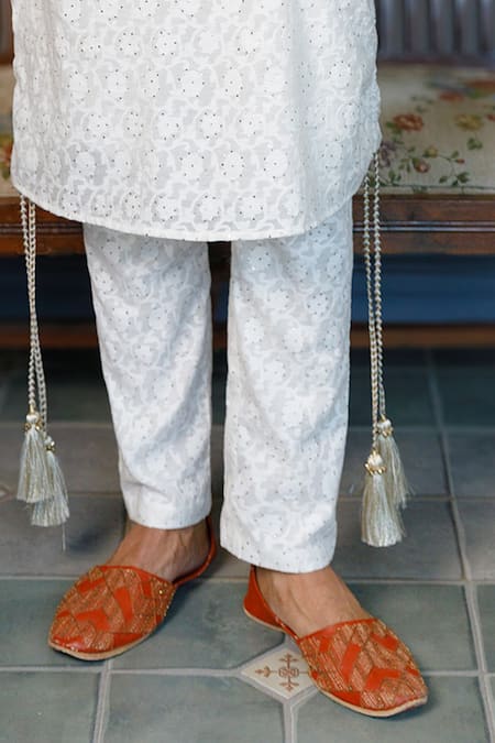 PS Men By Payal Singhal_Ivory Kota Doria Zari Floral Woven Embellished Kurta With Pant _at_Aza_Fashions