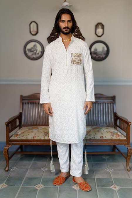 Buy_PS Men By Payal Singhal_Ivory Kota Doria Zari Floral Woven Embellished Kurta With Pant 
