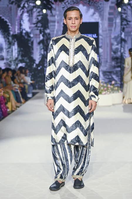 PS Pret by Payal Singhal Off White Velvet Printed Chevron Kurta With Salwar 