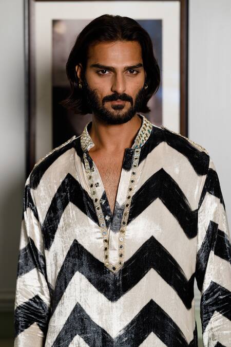 Shop_PS Pret By Payal Singhal_Off White Velvet Mirrors, Gota Patti Chevron Print Kurta With Salwar _Online_at_Aza_Fashions
