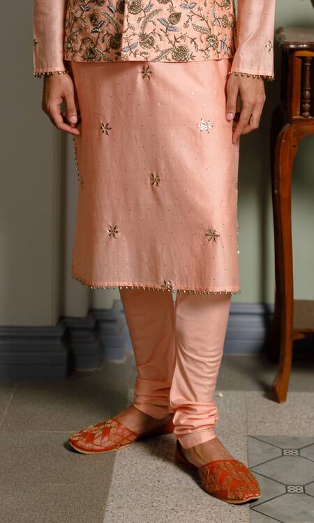 PS Men By Payal Singhal Peach Dupion Silk Embroidered Zari Floral Vine Bundi Set Online at Aza Fashions PS Men By Payal Singhal_Peach Dupion Silk Embroidered Zari Floral Vine Bundi Set _Online_at_Aza_Fashions